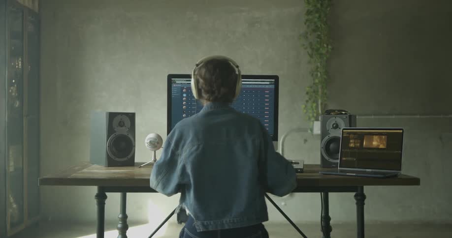 Person sitting in front of computer monitor puts on headphones and starts working