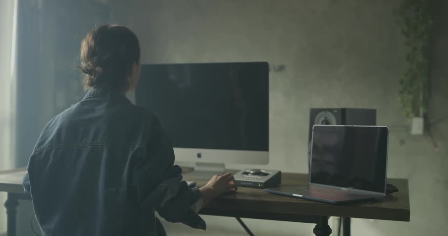 A woman is looking at a computer screen