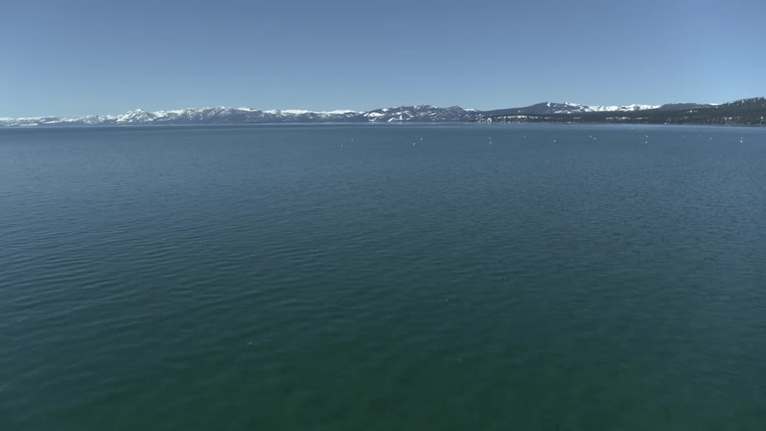 Snowy mountains at the end of a lake