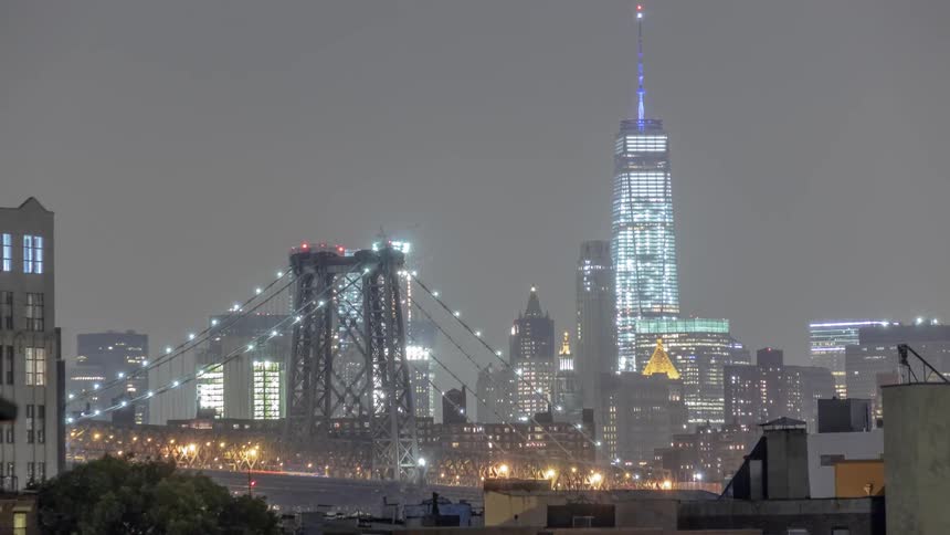 Fast motion of a city skyline with a bridge at night