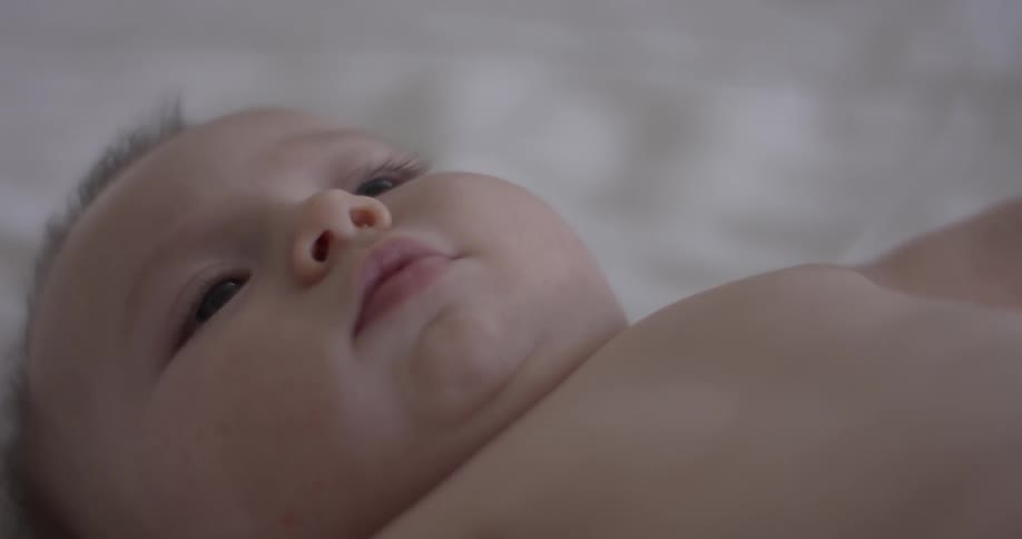 Caucasian baby close up face chest a looking around cute calm approximate age 3 to 6 months
