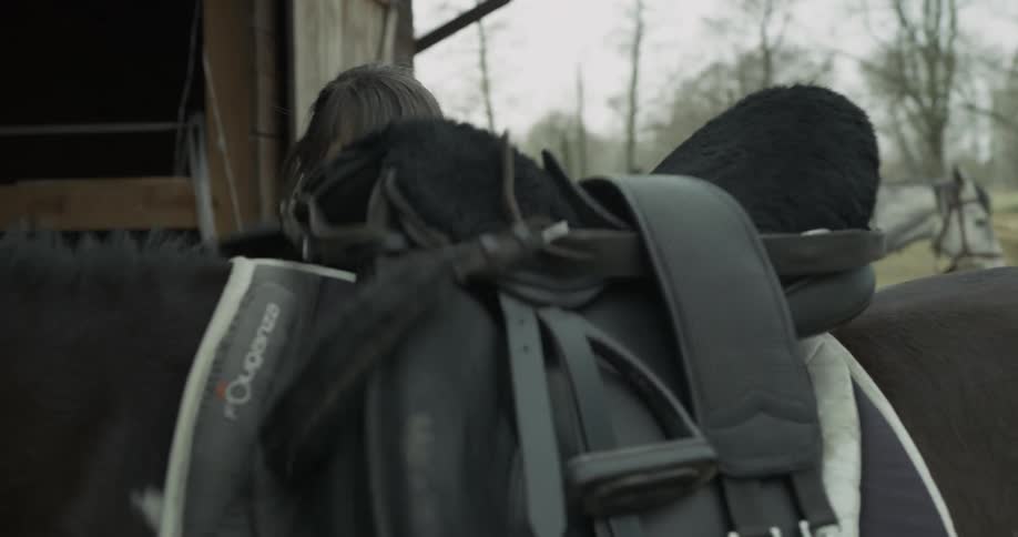 A woman carries a saddle and places it on a horse