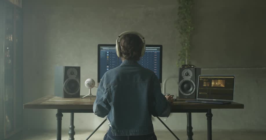 A woman uses a studio computer and puts headphones on
