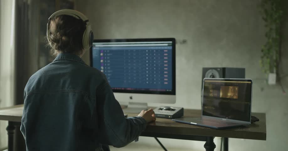 A seated woman puts on headphones to listen to her computer
