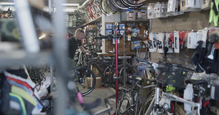 Bicycle is inspected in a shop