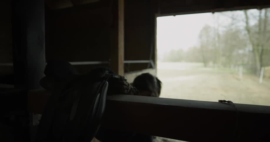 A woman walks into a stable and hangs up a harness