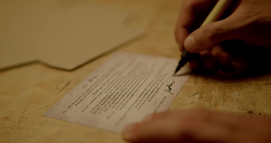 A signature is being placed on a small card