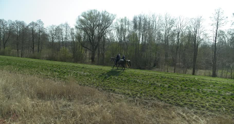 Two people are riding horses on grassy levee on sunny day