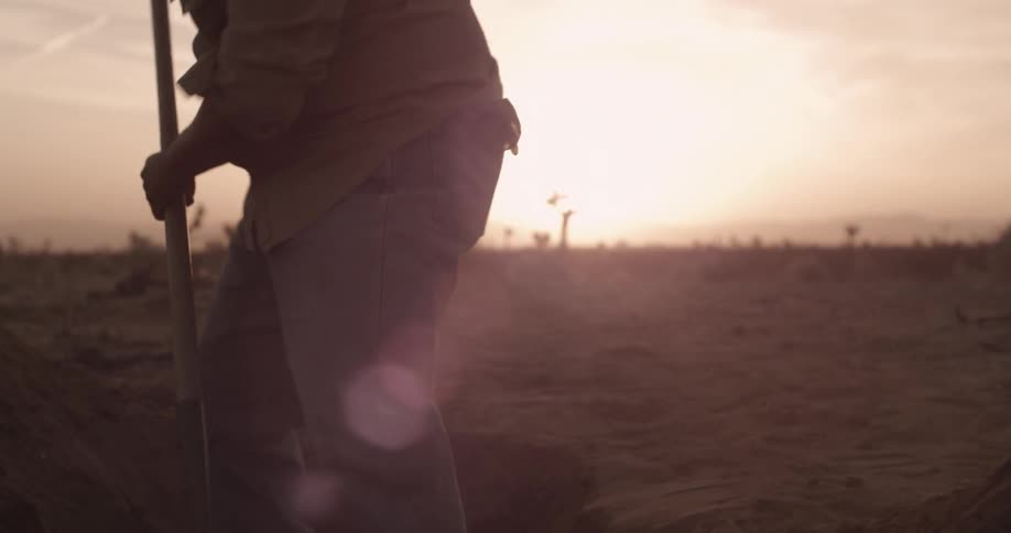 Man shoveling in a field at sunset