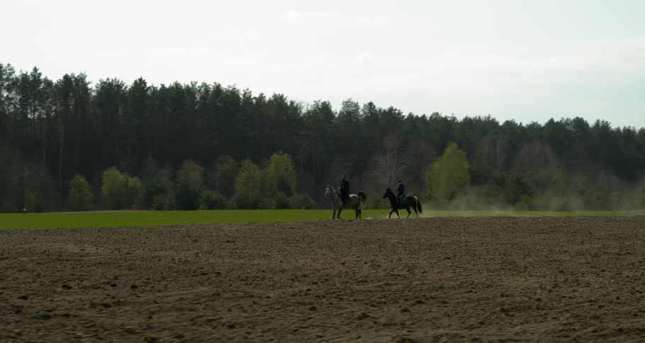 Two men ride horses near a forest of trees