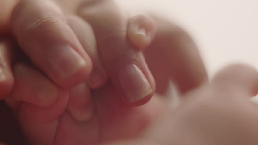 A woman holds a baby's hand