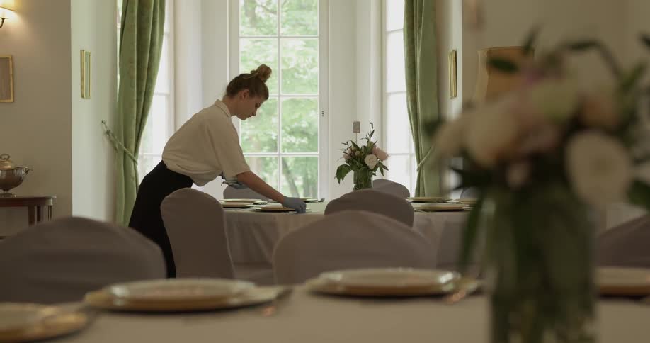 A woman is setting tables in a restaurant