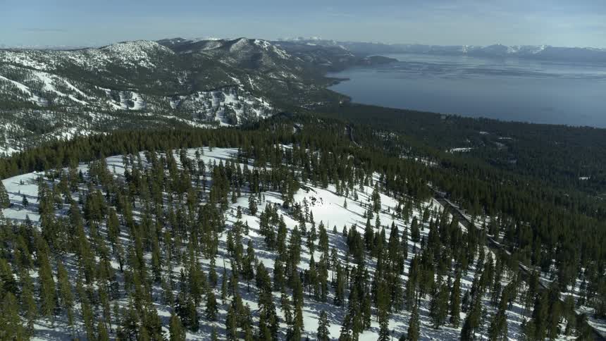 Snow covered forest and mountain border water