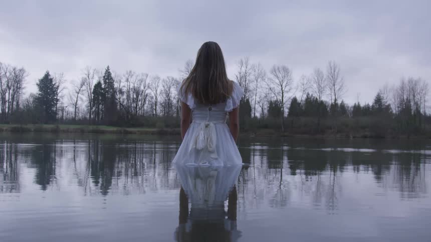 Dress wearing female stands partially submerged in a lake while staring in the distance
