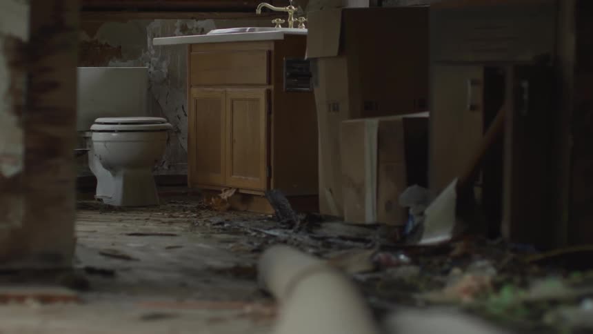Boxes and debris in room with pristine commode and sink