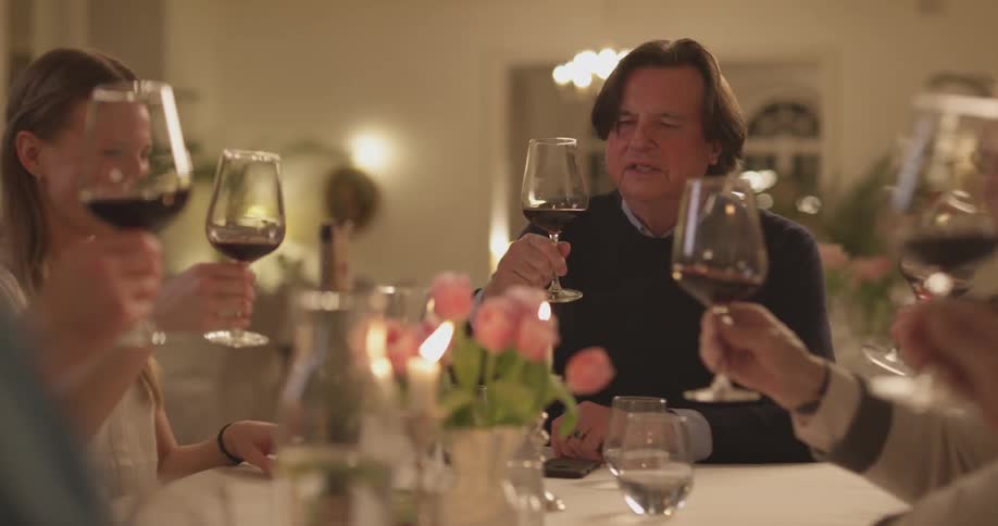 People at a dinner party are toasting with wine glasses