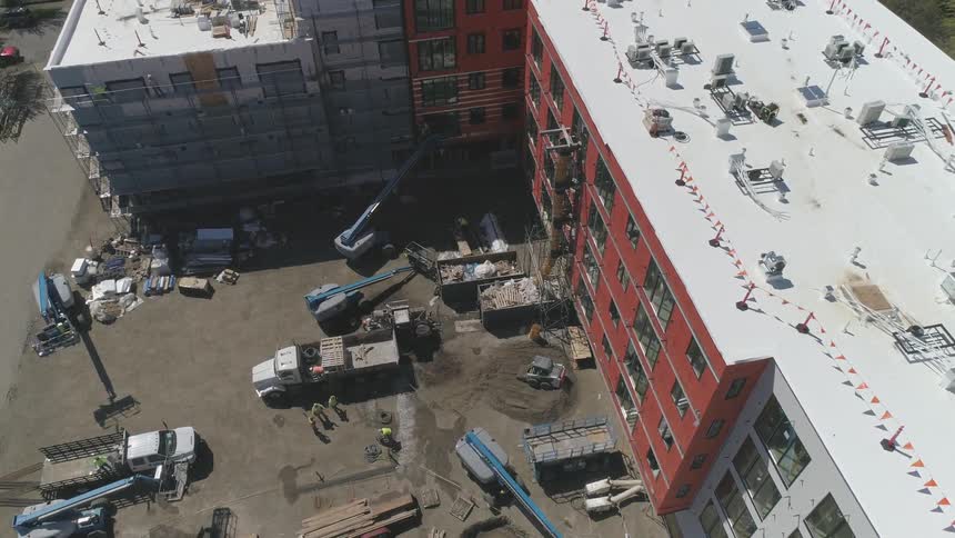 A construction crew working on a building