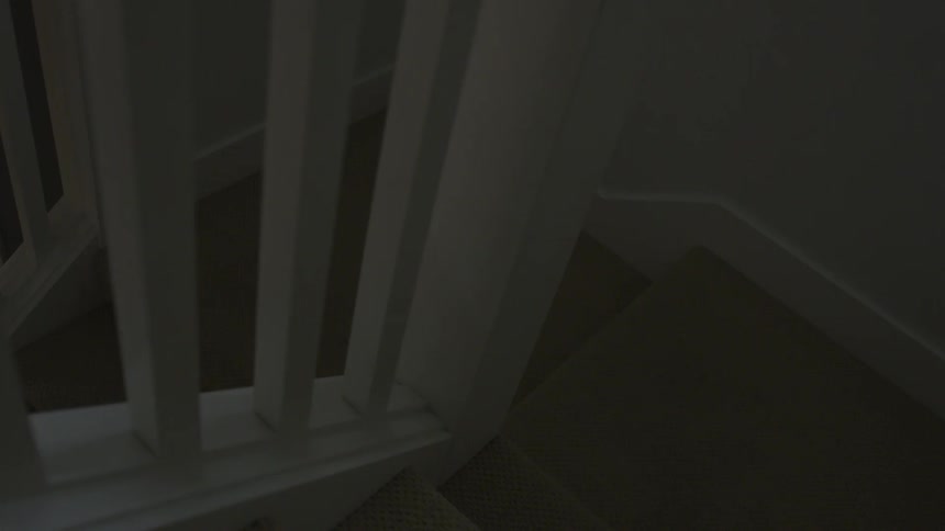 Stairs are covered with beige carpet