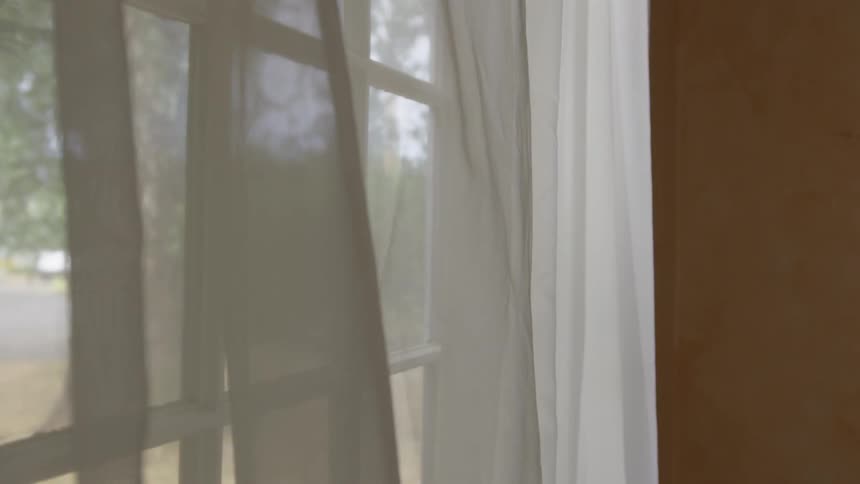 Sheer curtains in front of window move slightly in breeze