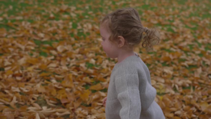Girl walks over dry leaves