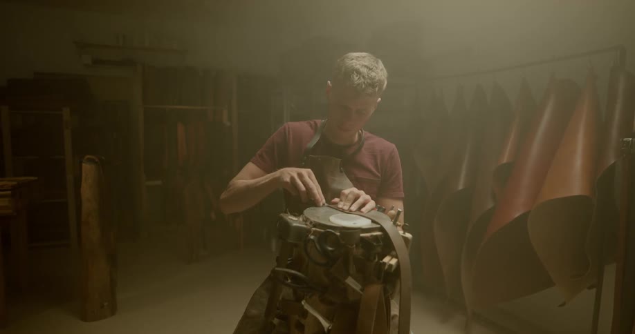 A man works on a leather strap in a tannery