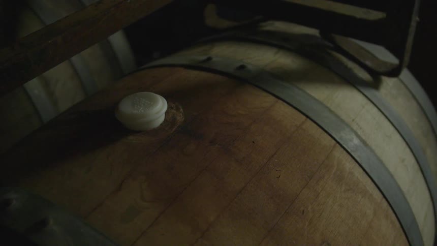 Wine barrel with cork is shown