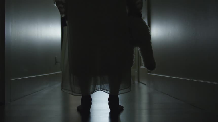 A child in a nightgown stands in a dark hall holding a teddy bear