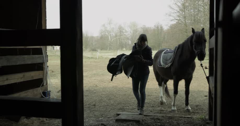 A woman is putting a saddle on a horse