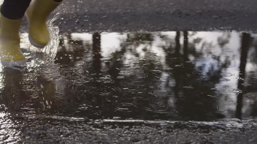 Yellow rain boots splash in a puddle
