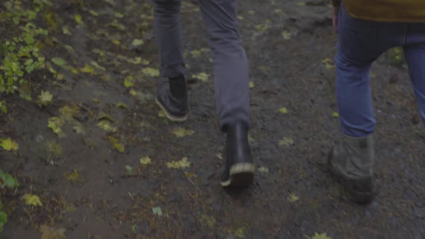 Feet and legs of three people walking on trail in forest