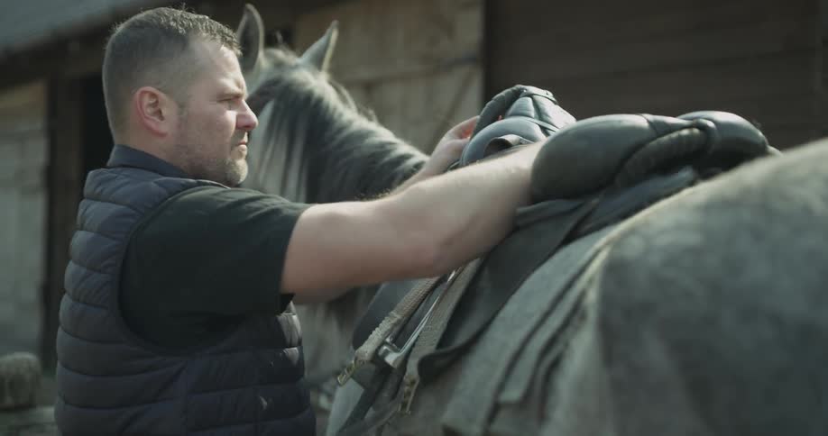 Man places saddle on horse