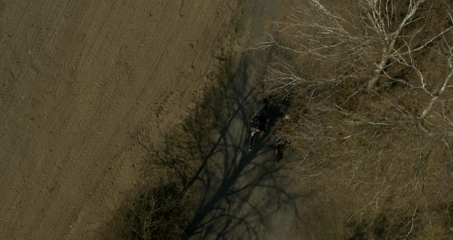 Two horseback riders go down a dirt road side my side in the daytime