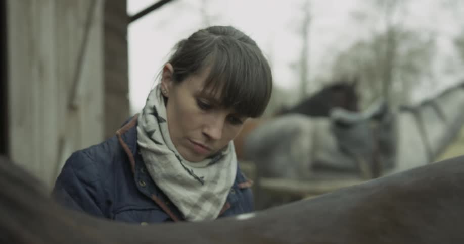 A woman is brushing a horse outside