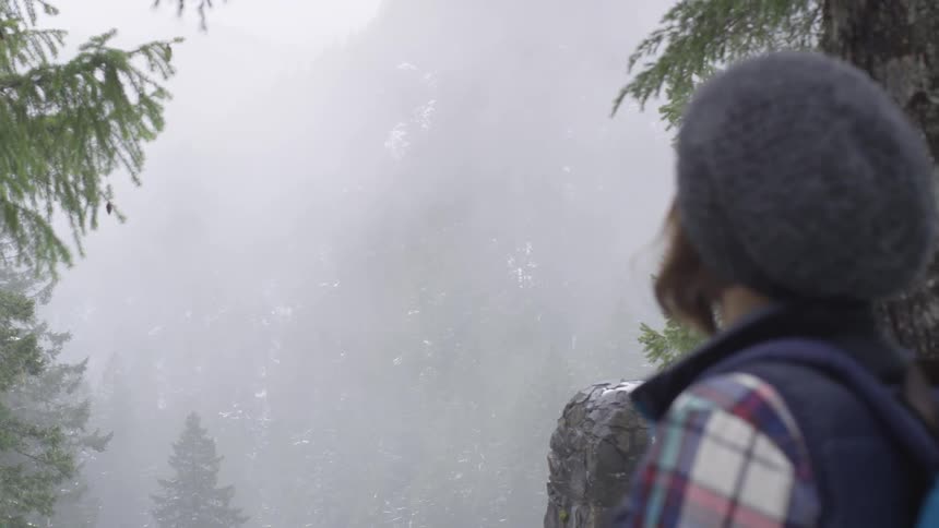 A woman standing in a clearing of a thick forest looks up into the mist