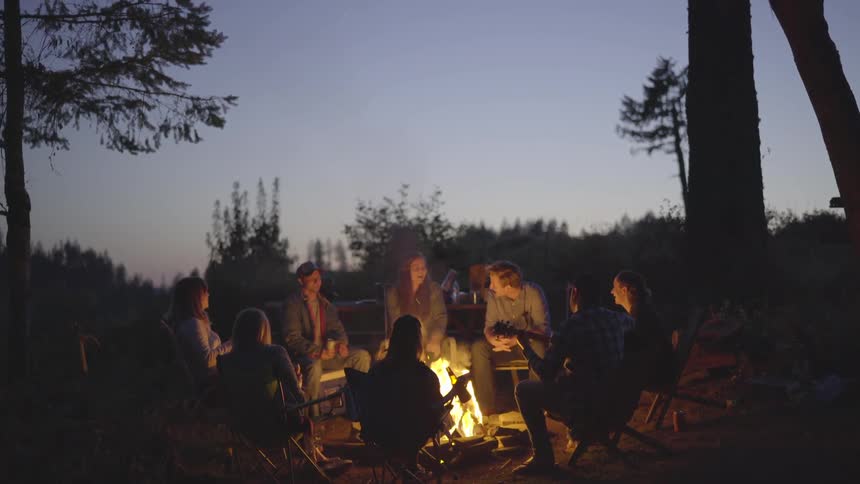Several people sit around a campfire at night