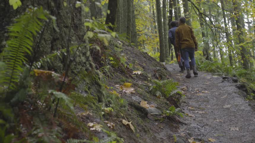 Three people climb up a dirt trail in the woods