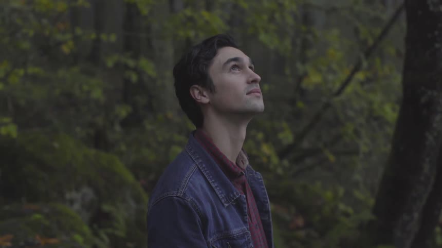A man stands in the woods looking at the treetops