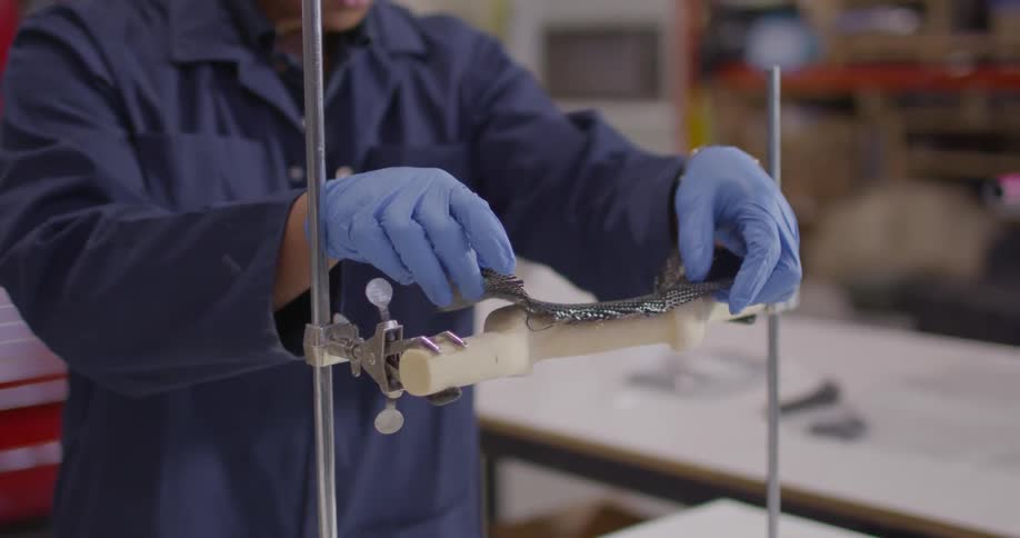 A man places material on the stand
