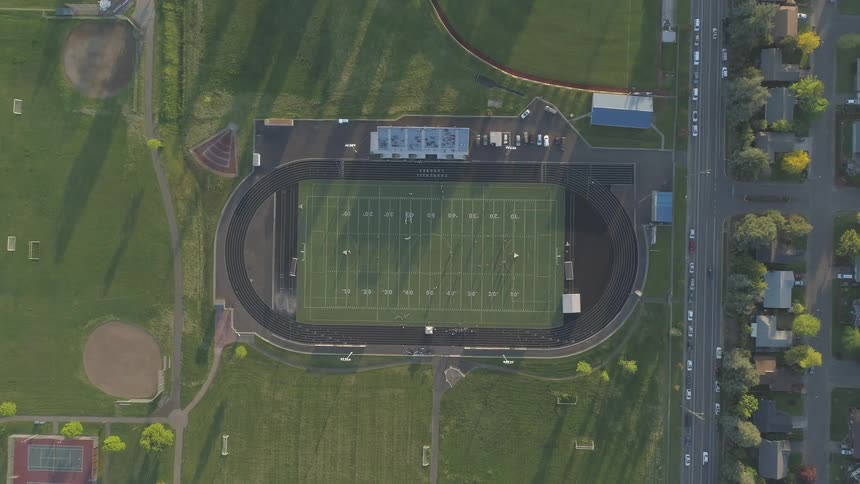 Bird's eye aerial view of track and football field