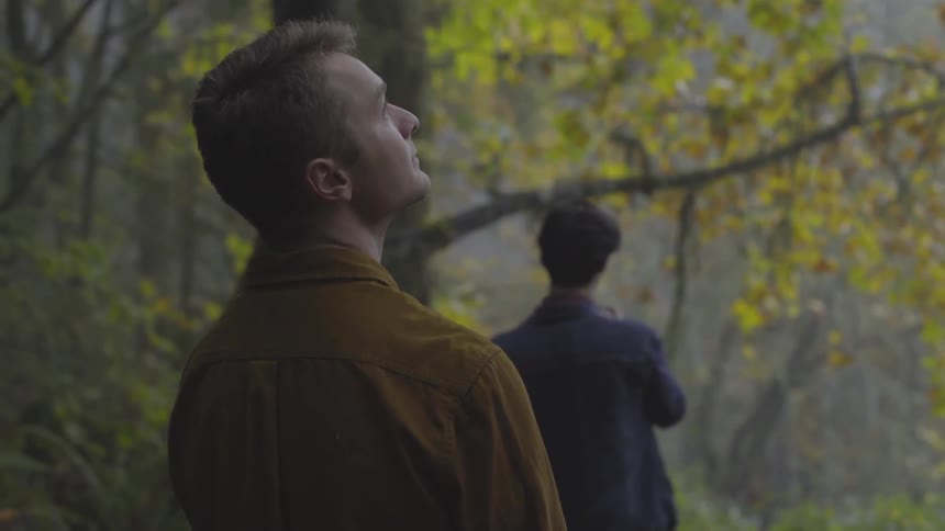 Two men stand in the woods and one looks up