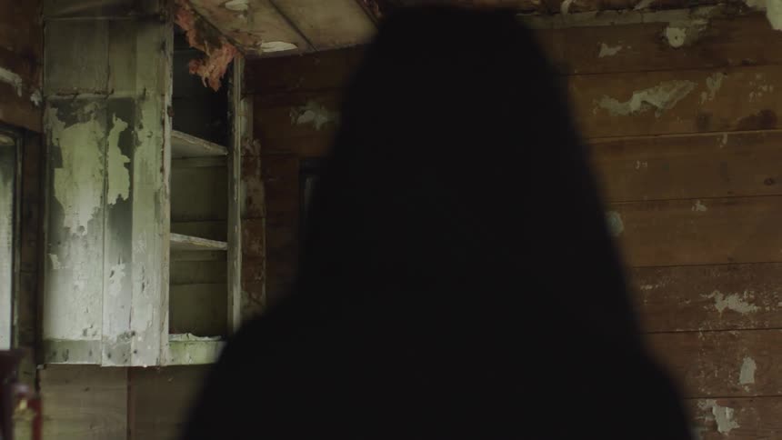 Someone stares at the inside of a dilapidated house