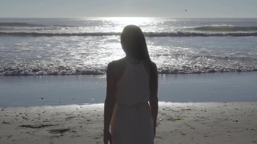 A woman is walking towards the beach