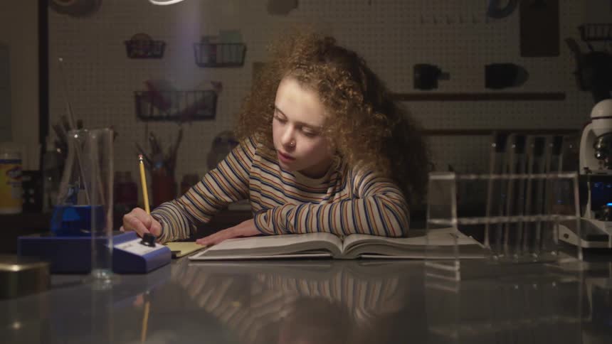 Girl working at a table with beakers and test tubes