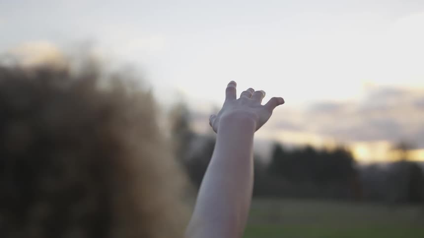 A woman reaches out her arm in a field at sunset