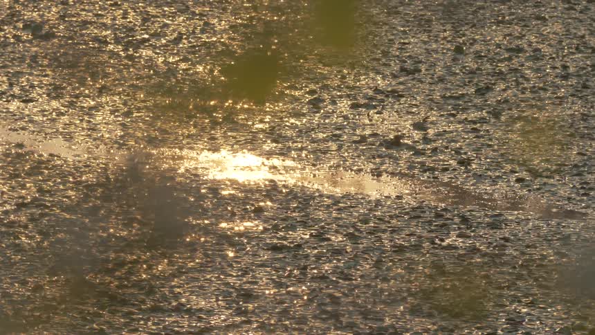 The sun shines on wet sand and gravel