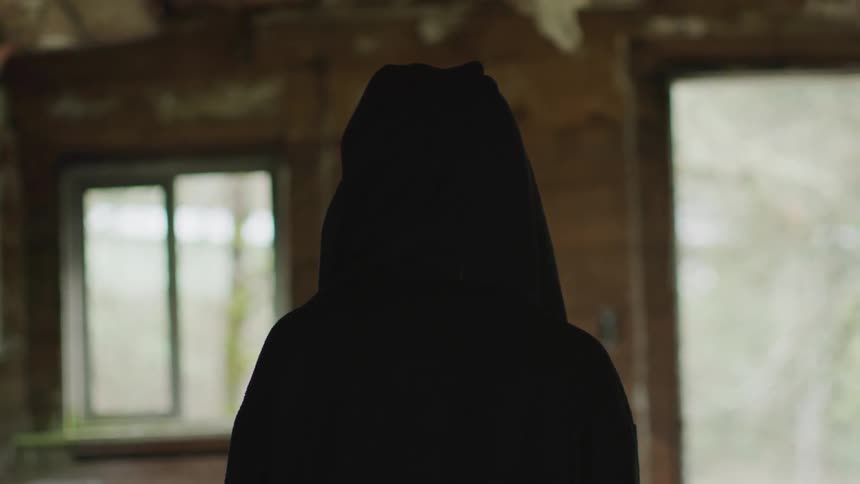 A cloaked figure stands in a cabin