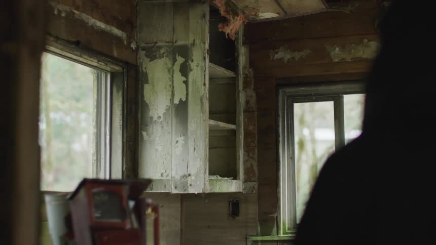 Hooded person looks around a ruined cabin