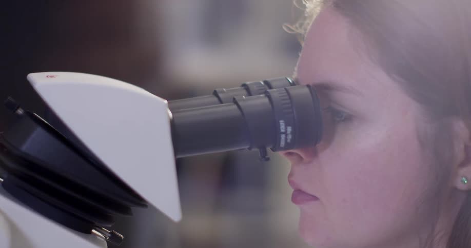 A woman looks through microscope