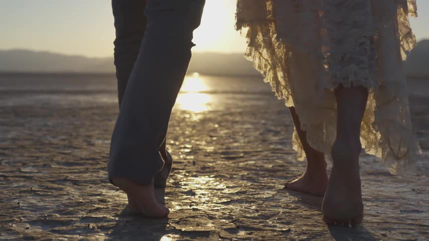 Couple walking in a field on a sunny day