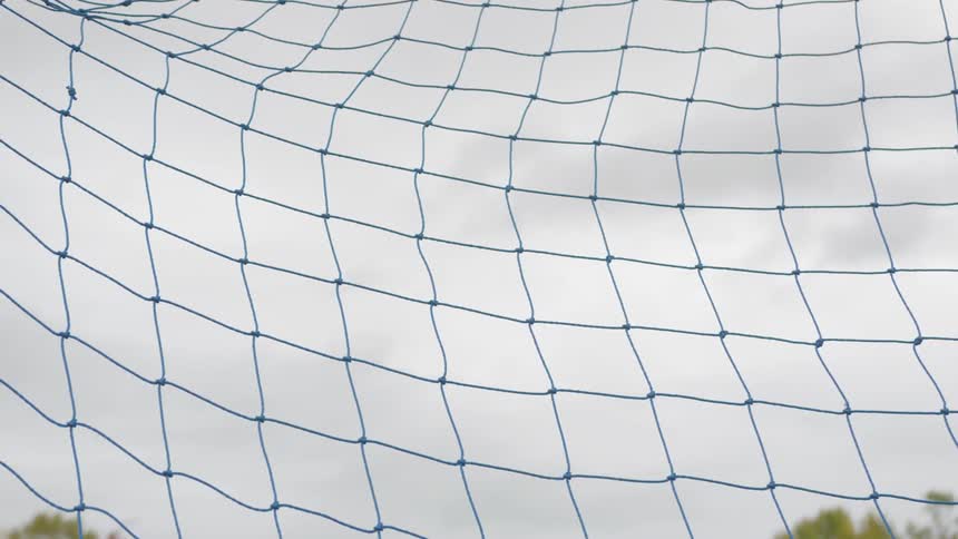 A soccer net stands under an overcast sky
